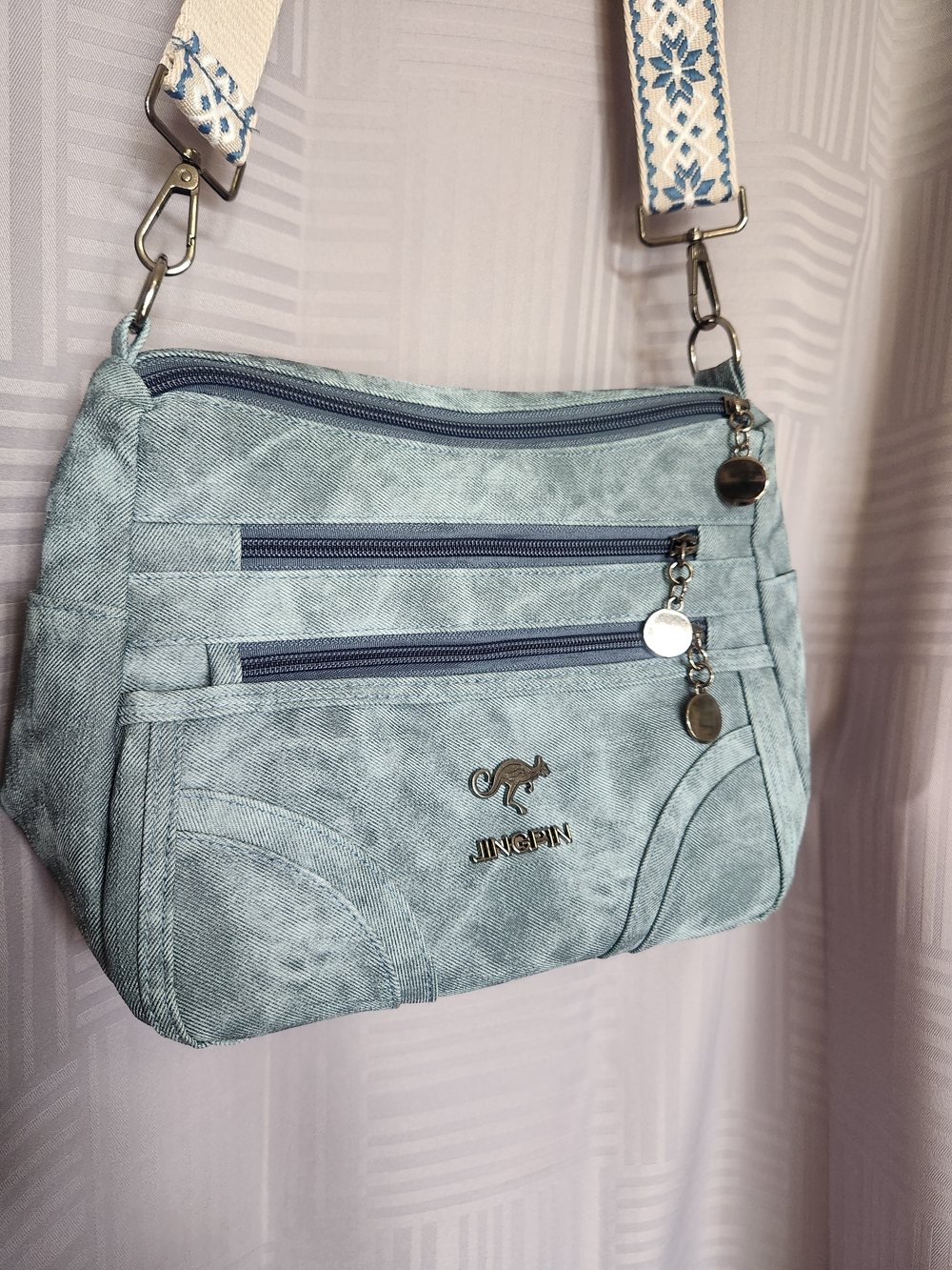 Women's Light Blue Crossbody Bag with Decorative Strap